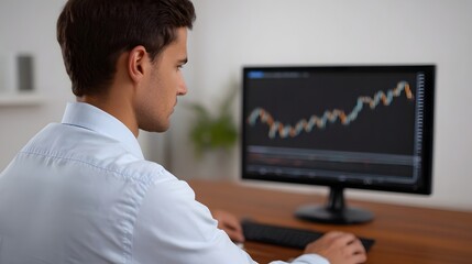 A man in a blue shirt concentrates on a financial graph displayed on a computer monitor in an office setting