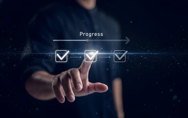 Title: A person interacting with a holographic progress bar with checkmarks indicating steps