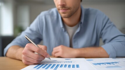Professional analyzes financial charts and graphs on a business report
