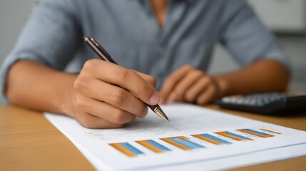 Close up of a hand writing on a financial report with charts and a calculator on a desk
