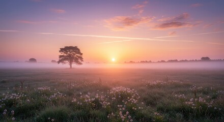 Solitary tree stands amidst grassy meadow bathed in the soft light of sunrise enveloped by ground mist