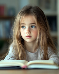 Pensive Blond Girl with Blue Eyes Reading Open Book Portrait