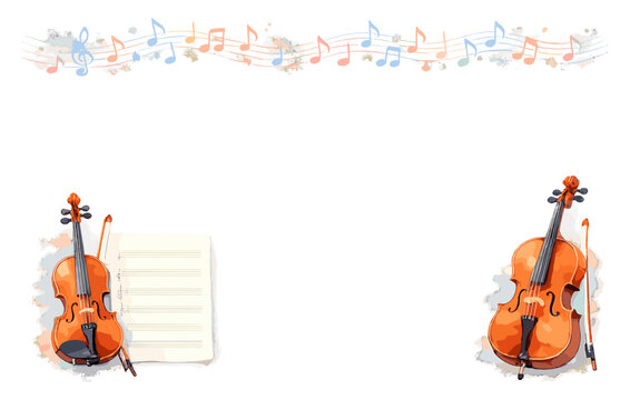 Colorful musical border with violins and sheet music on white background