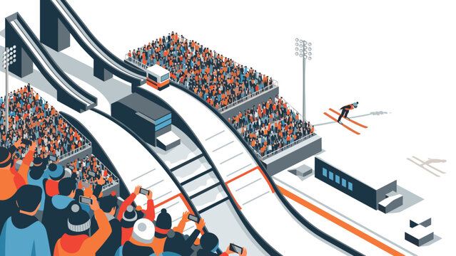 Isometric ski jumping competition with enthusiastic crowd and urban winter sports arena