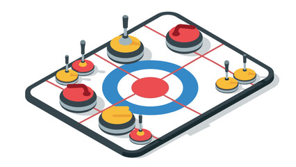 Isometric curling game on tabletop with colorful discs and target