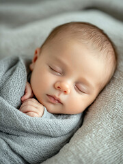 Sleeping Newborn Baby Wrapped in Gray Blanket Closeup