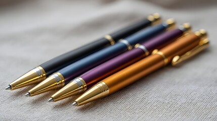 Fototapeta premium A set of five assorted color metallic pens with gold trim suitable for signatures and writing tasks