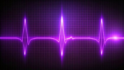 Vibrant purple neon heart rate monitor pulse on a dark grid background with a glowing central flare