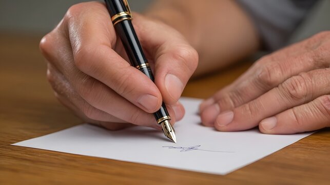 Close up of a hand elegantly signing a document with a classic fountain pen on a wooden desk showing the detail of ink flowing onto paper