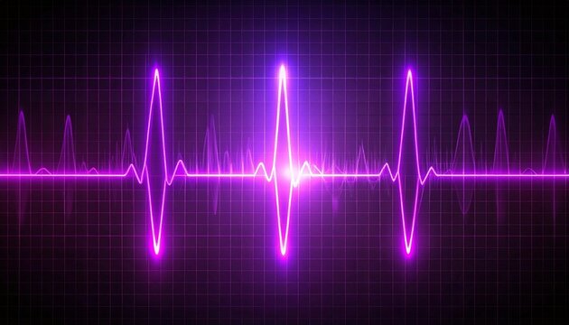 Vibrant purple neon heart rate monitor pulse on a dark grid background with a glowing central flare