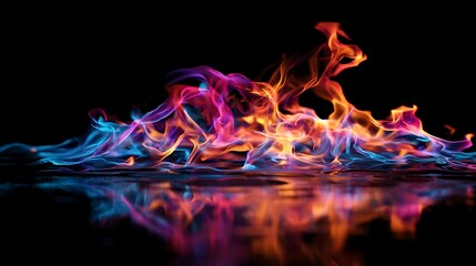 Vivid, multi-colored flames against a black backdrop, reflecting on a glossy surface