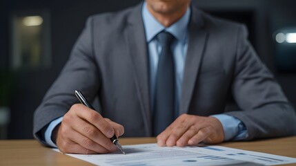 Professional executive signing an important legal contract document with a pen at a desk