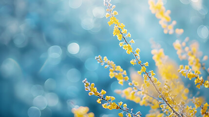 Spring Background with Yellow Flowers and Blue Bokeh , Fresh Nature Scene