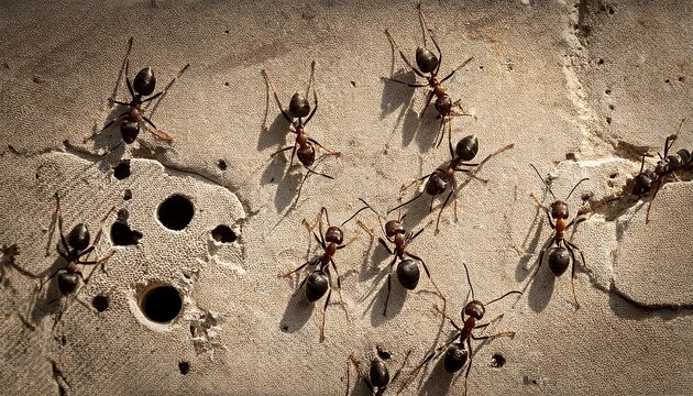 ants crawling on rough concrete wall with visible texture and small holes