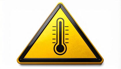 Yellow triangular warning sign with a black thermometer icon isolated on a white background