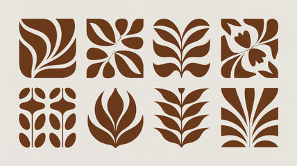 A collection of minimalist logo design templates featuring floral patterns and abstract shapes in a monochromatic brown color scheme.