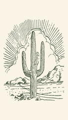 Obraz premium Vintage Linocut Style Illustration of a Saguaro Cactus in the Arizona Desert Landscape with Radiant Sunburst and Mountains
