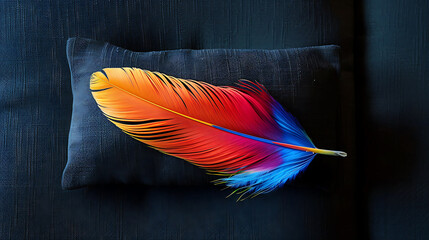 Colorful Feather on Pillow Against Dark Background