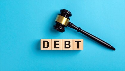 Judge’s gavel resting above the word "DEBT" spelled out in wooden blocks on a vibrant blue surface