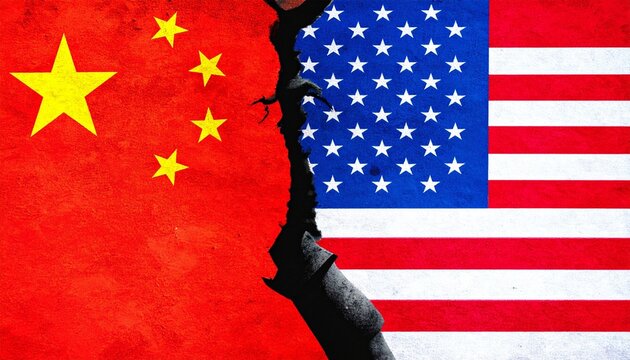 Torn paper effect dividing the national flags of China and the United States symbolizing diplomatic and economic rift