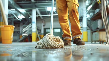 A factory worker mops the floor with a mop. Industrial hygiene. Close-up.