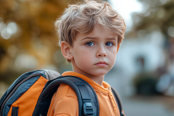 Tired Schoolboy Backpack Blue Eyes Orange Hoodie Autumn