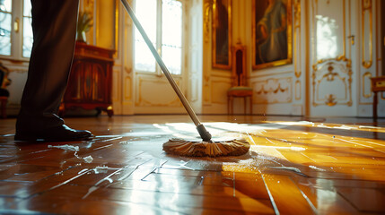 Cleaning the Floor with a Mop in an Old Church , Sacred Space Maintenance
