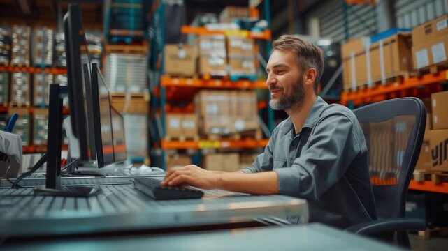 technician using his computer at a desk in a warehouse