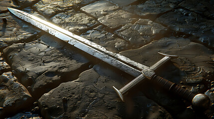 Medieval Sword on Stone Background, Ancient Weapon Close-Up