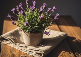 Lavender plant in pot with soft sunlight and natural shadows 