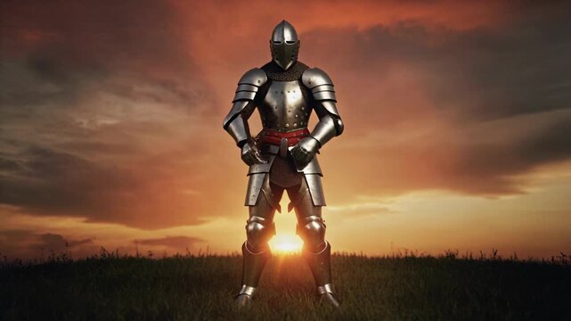 Full body knight standing in open field