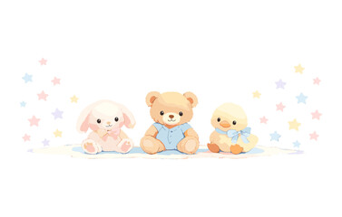 Cute plush trio of rabbit, bear, and duck surrounded by colorful stars