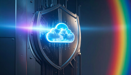 Secure Cloud Storage: A glowing cloud icon within a metallic shield symbolizes robust data security, enhanced by a beam of light. A strong visual representation of data security