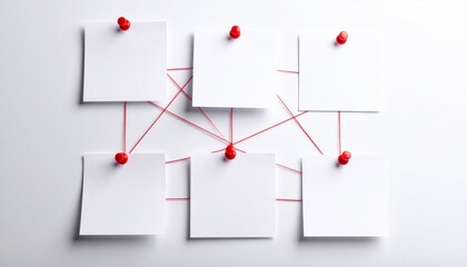 Network of six blank white notes connected by red string with push pins on a clean white background