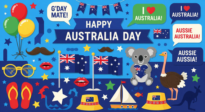 Collection of festive colorful illustrations and icons celebrating australia day with national symbols and greetings scattered across a bright blue background