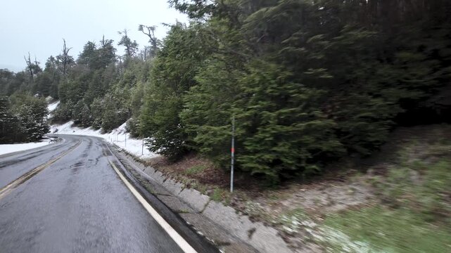 Scenic roadside view of the snow-covered forest and mountains near the Cardenal Samore International Pass in Patagonia seen from a moving vehicle