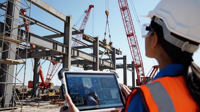 Over-the-shoulder shot of woman engineer examining digital blueprint on tablet at construction site. Modern building project management with tech tools footage.