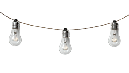 Three illuminated glass bulbs suspended by a cord against a black background