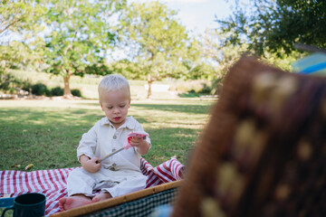 Toddler playing during summer picnic in park
