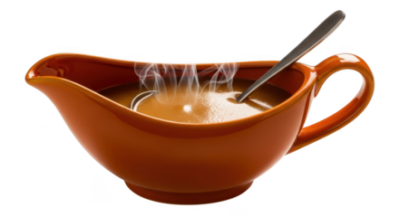 Hot brown gravy in orange gravy boat with spoon and steam hot gravy