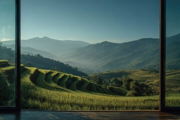 Serene Landscape from a Window: Terraced Fields in Northern Thailand with Open Text Area