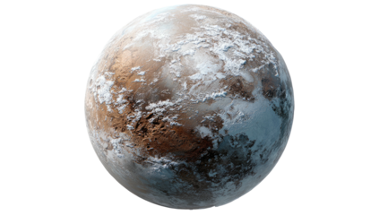 A realistic depiction of a distant, icy exoplanet floating in the vastness of space