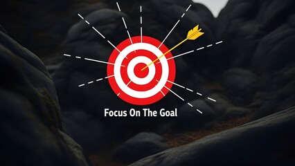 Bullseye target with yellow arrow and Focus On The Goal text on dark rocky background