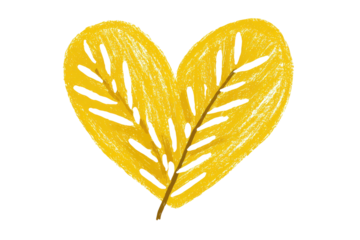 A yellow leaf in heart-shape form. Its veins and edges are sketched with a black background