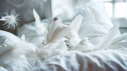 White Doves and Feathers on a White Bed 