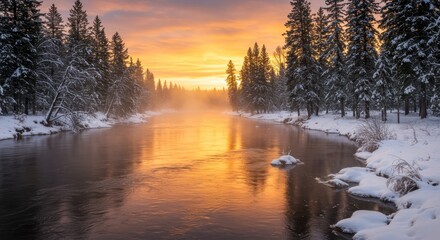 Tranquil river flows through a snow covered forest landscape during sunrise