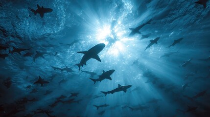Fototapeta premium Silhouetted sharks gliding through clear blue water toward the light