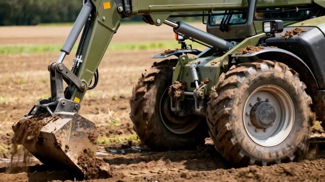 Telehandler equipped with enhanced terrain adaptability features navigating through a muddy agricultural field.
