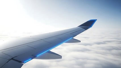Obraz premium Airplane Wing Soaring Above Fluffy White Clouds on a Bright Sunny Day.