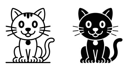 Fototapeta premium Cute cartoon cat icons: simple outline and black silhouette sitting feline illustration